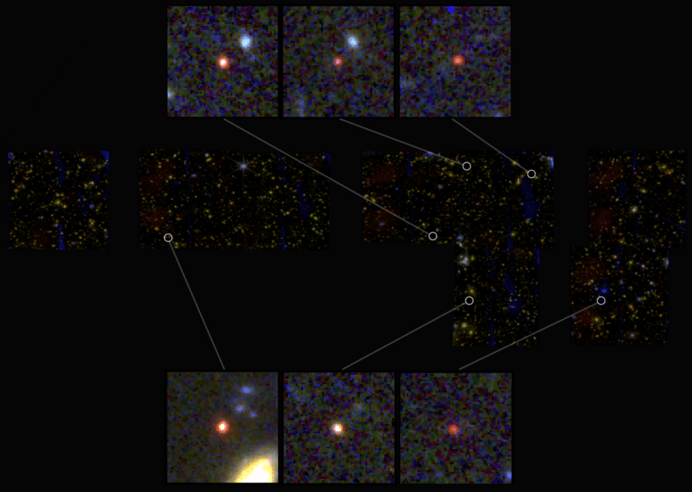 这些来自JWST的放大图像展示了6个明亮、极红且极遥远的星系，它们的质量似乎大到“不该存在”。其中一个星系（左下）可能包含了和现代银河系一样多的恒星。（图/NASA， ESA， CSA， I. Labbe， G. Brammer）<br>