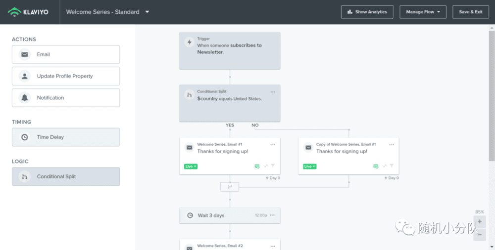 图：Flow是一种无代码/可视化流程编辑器，可以让营销人员自主设计自动化营销策略<br>