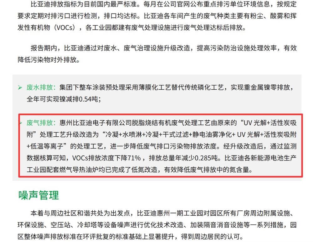 《2021年比亚迪社会责任报告》中仅对惠州厂区的废气排放做了相对详实的披露