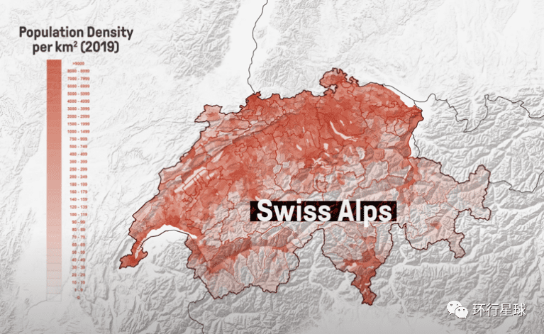 瑞士人口密度分布图，大部分人口都分布在北部的河谷平原。<br>