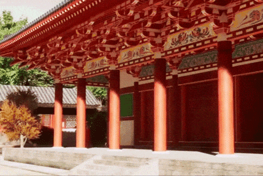 复原后的佛光寺东大殿，覆盖着唐朝特色的“朱白彩画”，建筑格局也与如今有所不同。图/史图馆：吾汉万年<br>
