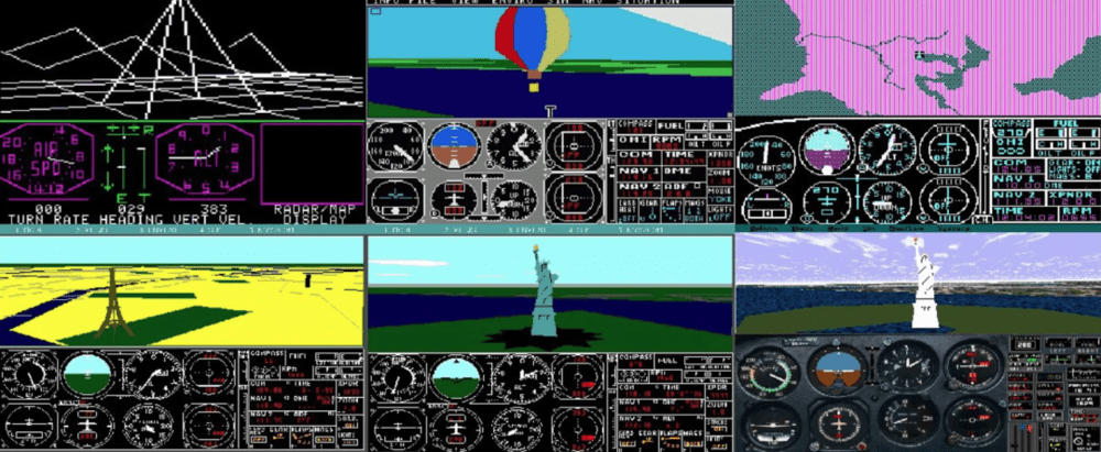 《飞行模拟器》的演进历程，从左至右分别是在 Apple II、雅达利和微软 Dos 上的效果｜JOSEF HAVLIK 和 微软<br>