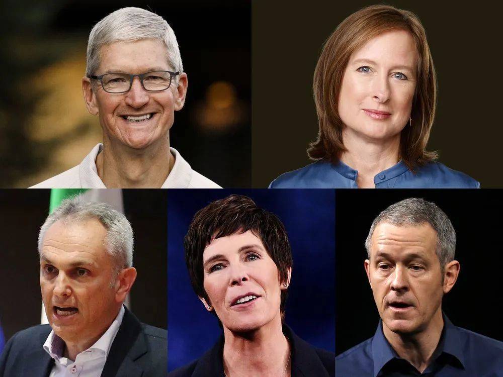 苹果几位核心高管，从左至右：蒂姆·库克、凯特·亚当斯、卢卡·马埃斯特里、迪尔德丽·奥布莱恩、杰夫·威廉姆斯<br>