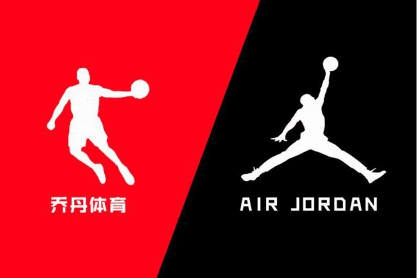 乔丹体育（左）与耐克旗下的Jordan（右）都以人的剪影为商标。乔丹体育的一个辩解理由是，自己logo中的人拿的是乒乓球拍而不是篮球。｜sneakerfreaker.com<br>
