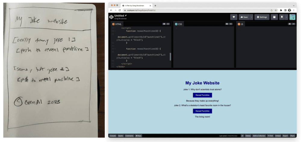 左边是布罗克曼手绘的草图，右边是生成的代码和网页，图/OpenAI