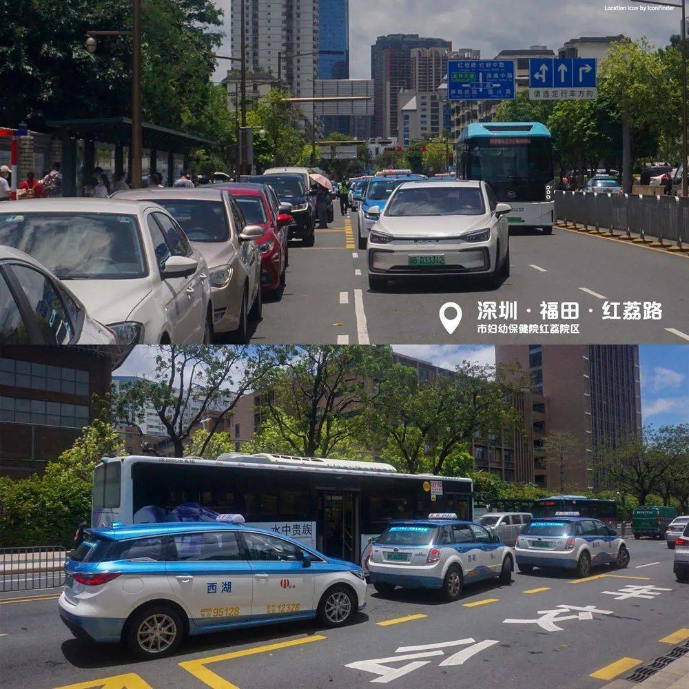公交车辆乃至救护车，被各种出租车堵在医院外，如今在深圳多见。疫情三年，深圳出租车客流下降，伴随着竞争对手网约车的数量暴增——2022年当地网约车及其驾驶员增量数字分别是16720和40306，截至当年年底网约车达9.7万辆，驾驶员23.8万人 [3， 4] ——一共只有2万辆左右 [5， 6] 的巡游出租车打不动价格战，唯有长时间在医院等地门口趴活，造成的负面影响，就由公共汽车这个老实人照单全收。辅警向笔者解释称“不好管，车里有人不能处罚”（摄于2022年7月）