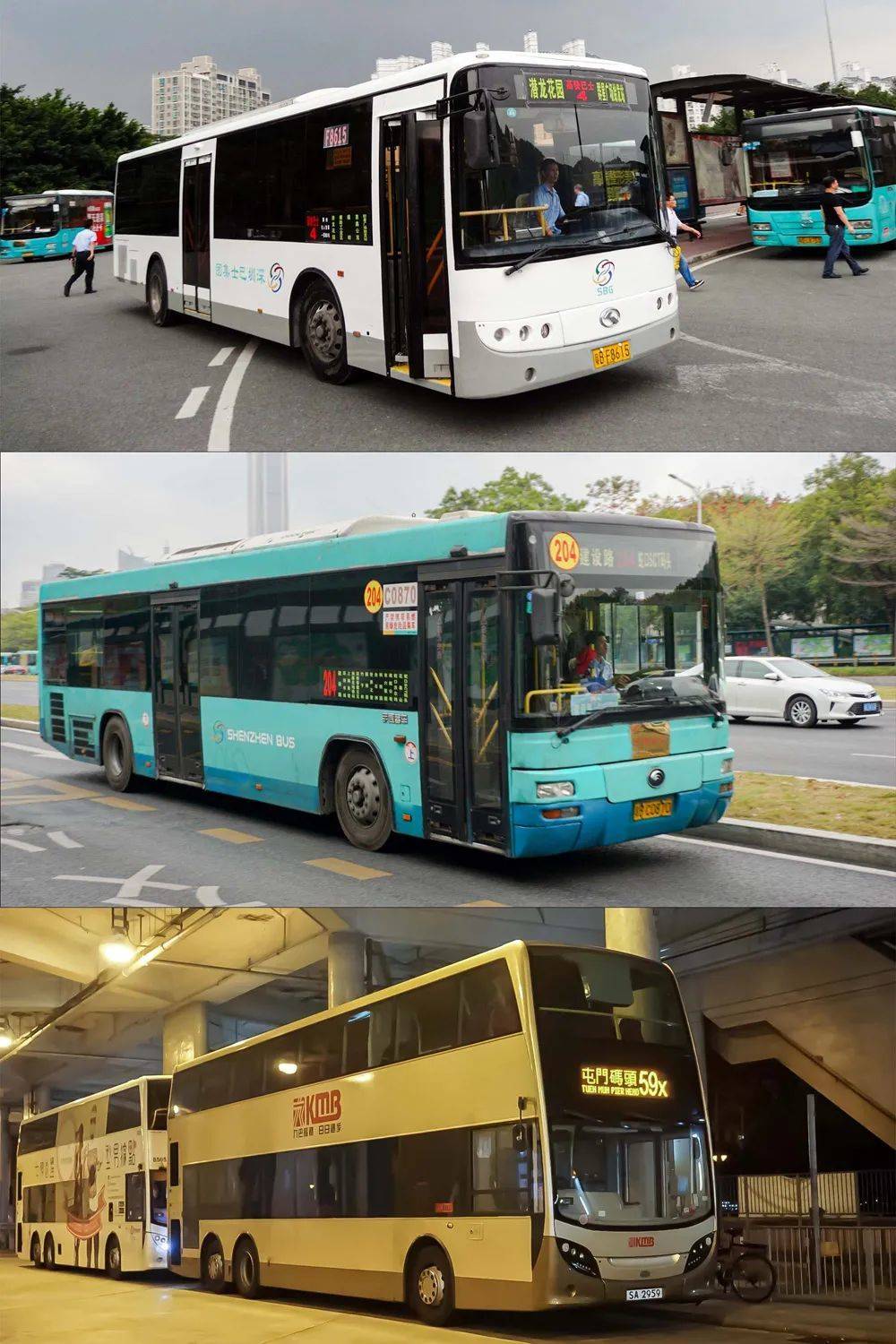 读者应该能看出来，深圳巴士集团的涂装，其实是同时期九巴涂装换了个颜色（由上至下分别摄于2014年、2017年和2019年）