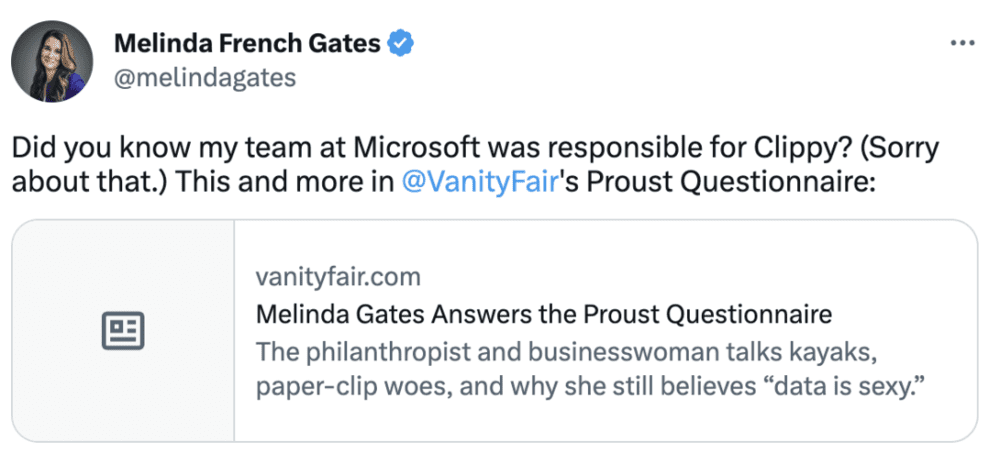 “你们知道我在微软的团队负责大眼夹吗？（对此我感到抱歉）”｜@Melinda French Gates/Twitter<br label=图片备注 class=text-img-note>