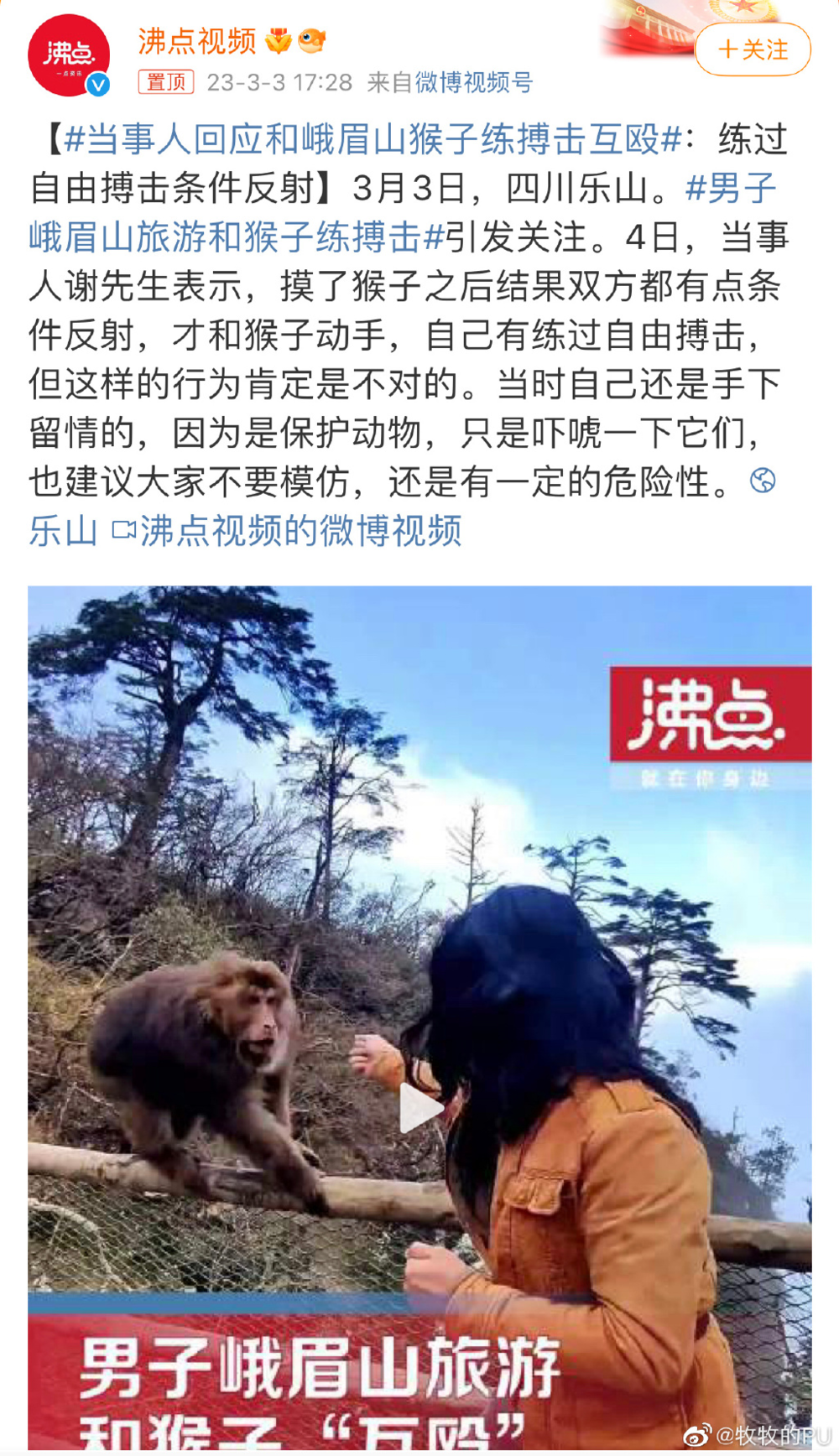 人傻到什么程度，才会和猴子互搏？峨眉山藏酋猴是国家二级保护动物，打输住院，打赢坐牢，前往别学。/图源自微博<br>