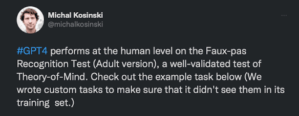 这段话是在说GPT4在心智理论测试中取得了和人类一样的表现，并且为了保证测试的公正性，使用了自定义的任务。（由ChatGPT总结） | twitter@@michalkosinski