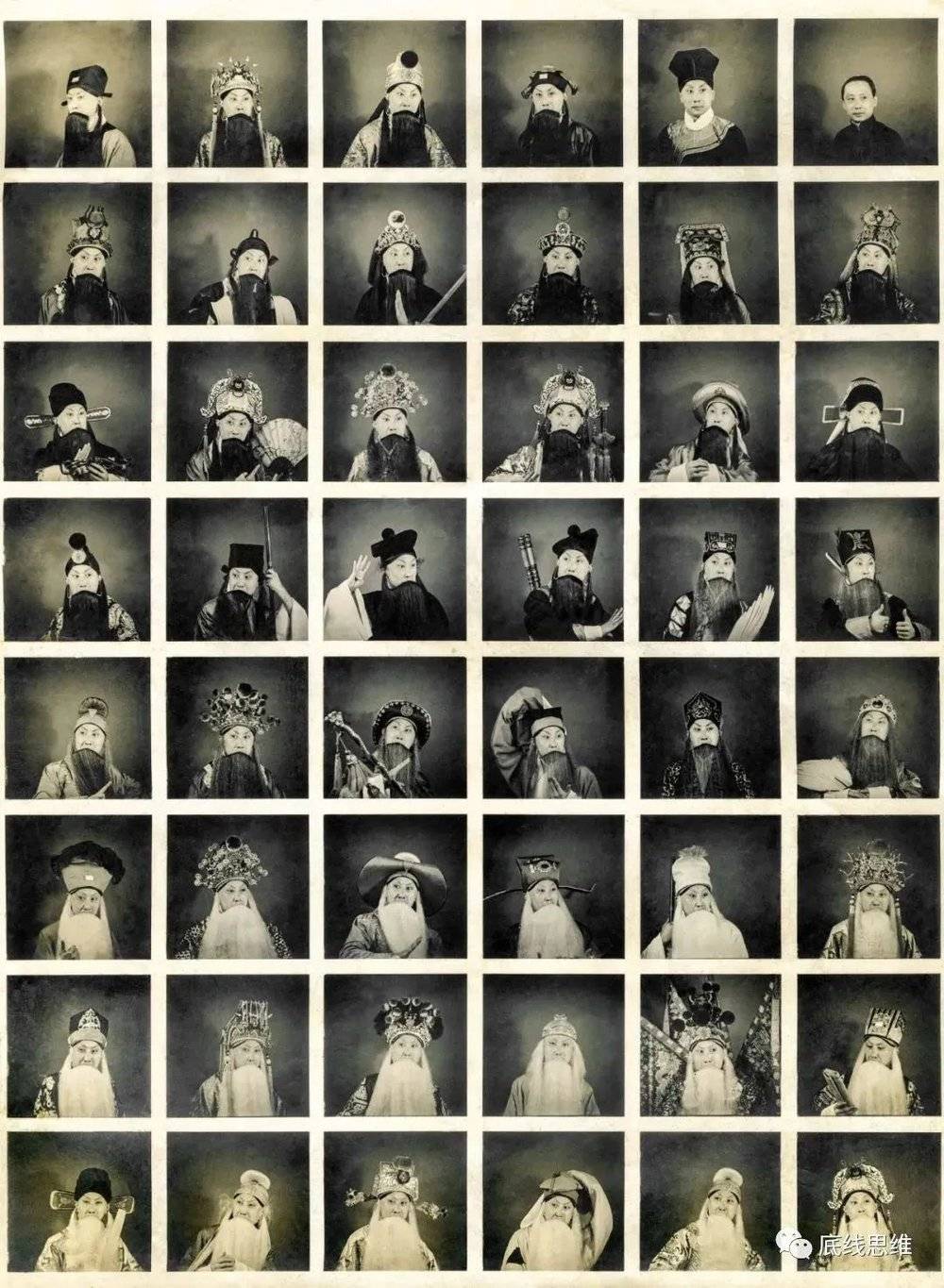 马连良·四十八我。这张照片是马连良先生1934年在静安寺附近一家照相馆拍下的照片，一张照片中集中了他塑造的47个舞台形象，右上角是他的本色照片。这有点像我们以前流行的大头贴和现在的九宫格照片，可见那时候的马先生也是一个很时尚的人。图/受访者供图<br>
