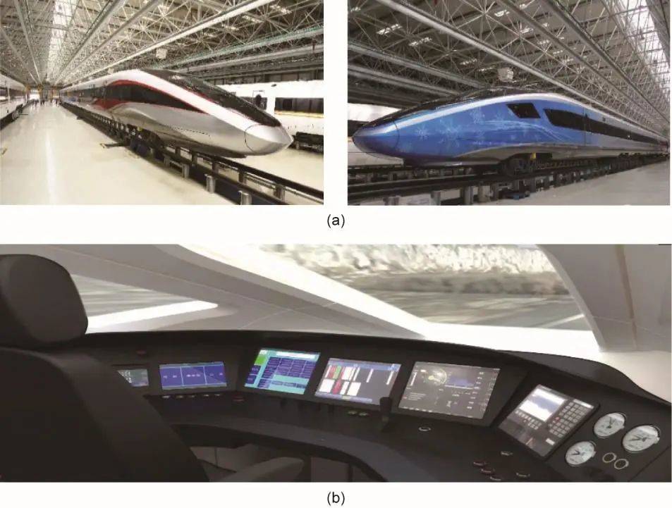 图5 京张高铁智能装备。（a）智能动车组；（b）时速350 km自动驾驶。<br>