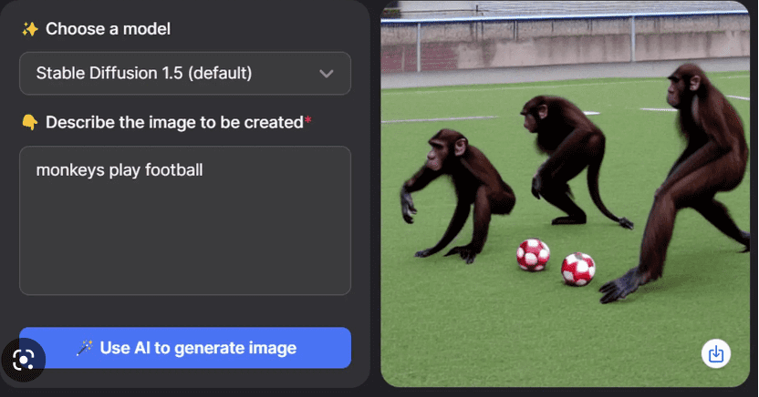 You.com生成的猴子踢球的照片，图片来自：YouChat 