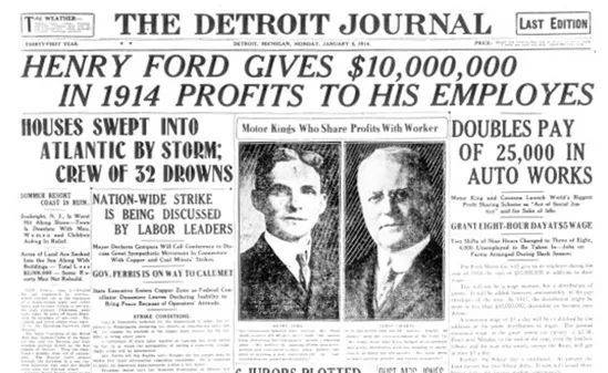 1914年，福特公司将9小时工作时间缩短为8小时，并提高了工人的薪水（见Ford Corporate Home）