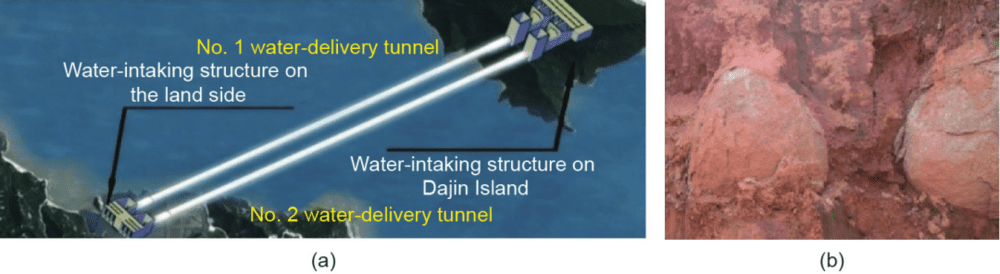 图10 台山核电取水隧洞工程示意图及球状花岗岩孤石<br>