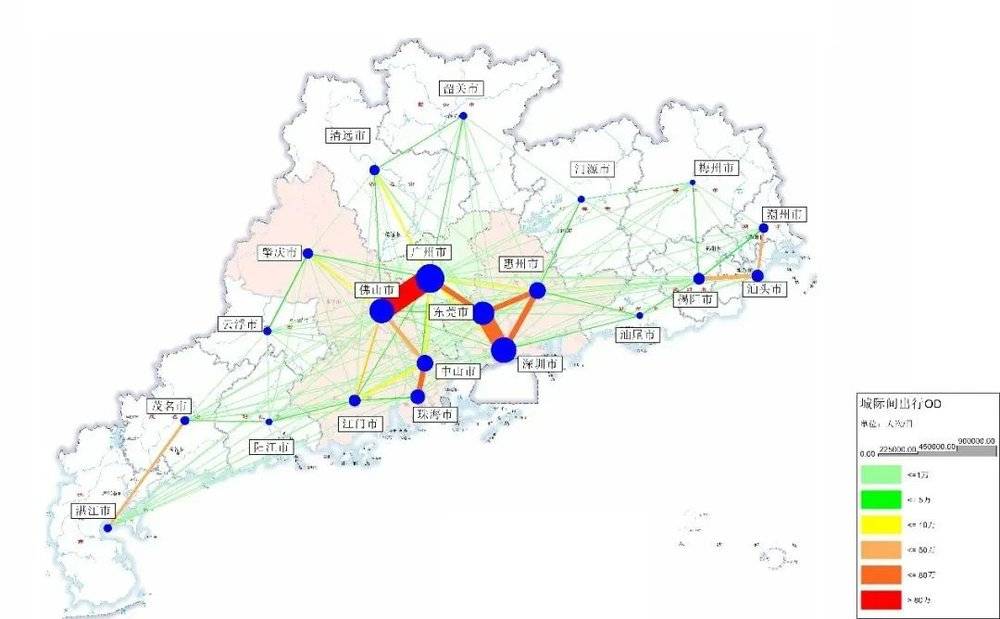 △ 广东省日跨城出行量示意图，其中出行量最大的是广州与佛山、深圳与东莞之间 来源：2021广州市交通发展年度报告<br>