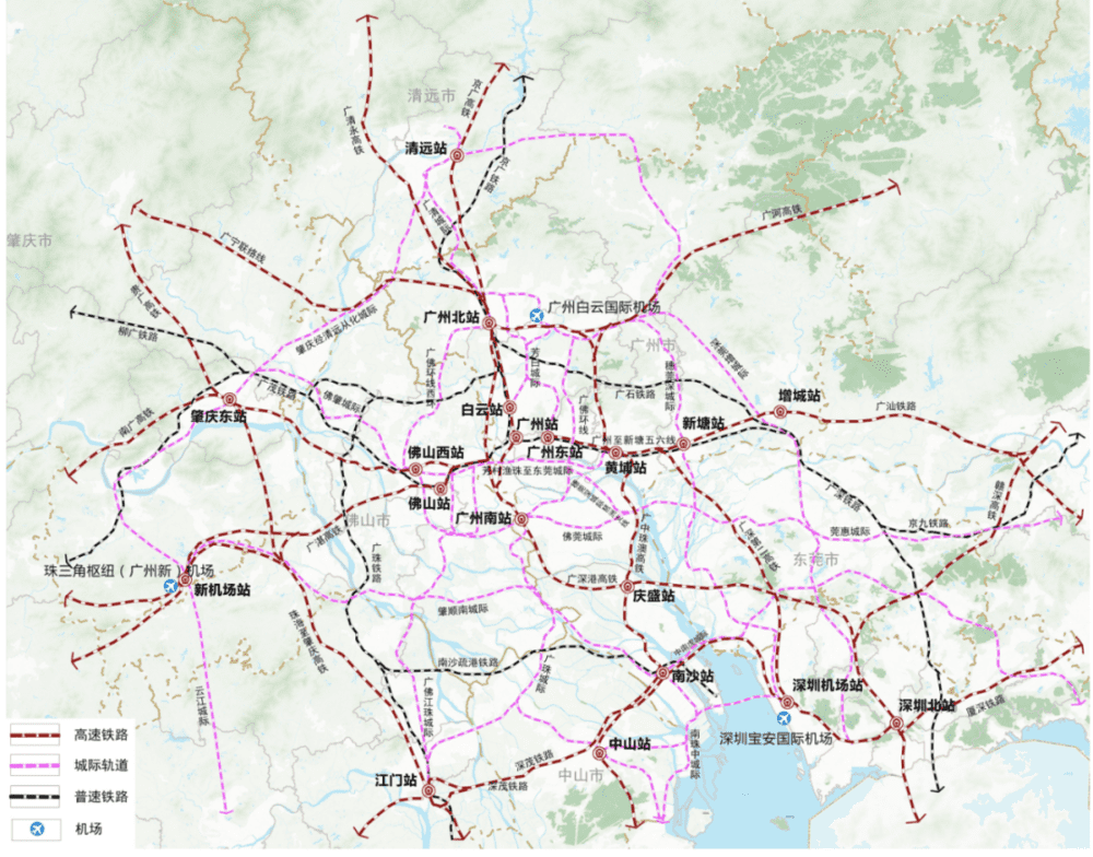 △广州都市圈轨道交通网络，蓝色的为城际轨道 来源：广东省都市圈国土空间规划编制协调指引