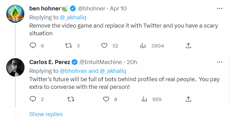 “将游戏替换成推特，你就会发现情况很糟糕”，“推特未来将充斥着隐藏在真人档案后的机器人，你将耗费更多精力才能与真人交流” | Twitter