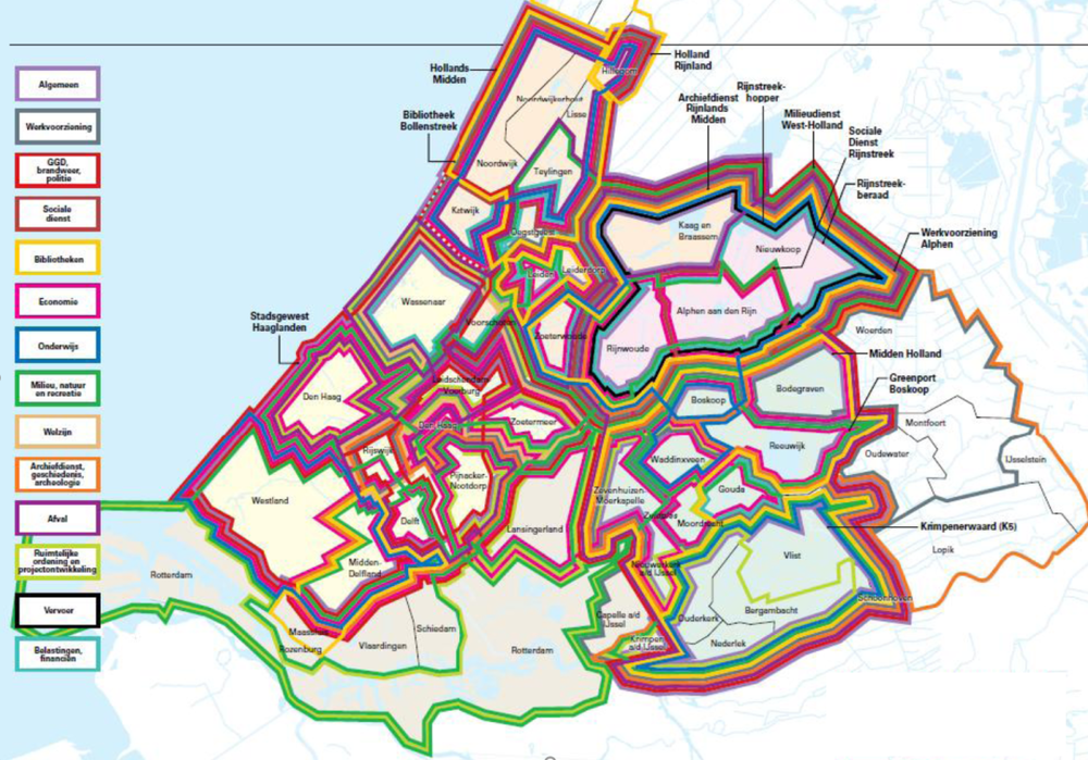 南荷兰省的城市协同情况，每种颜色的轮廓都代表一个特定的合作领域（来源：荷兰环境评估署）