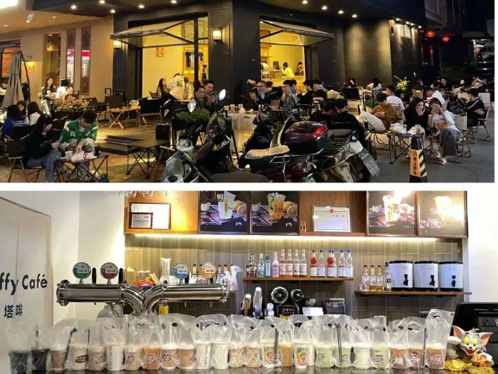 受访者供图：林肥米咖啡店铺外围、吧台和外送<br>