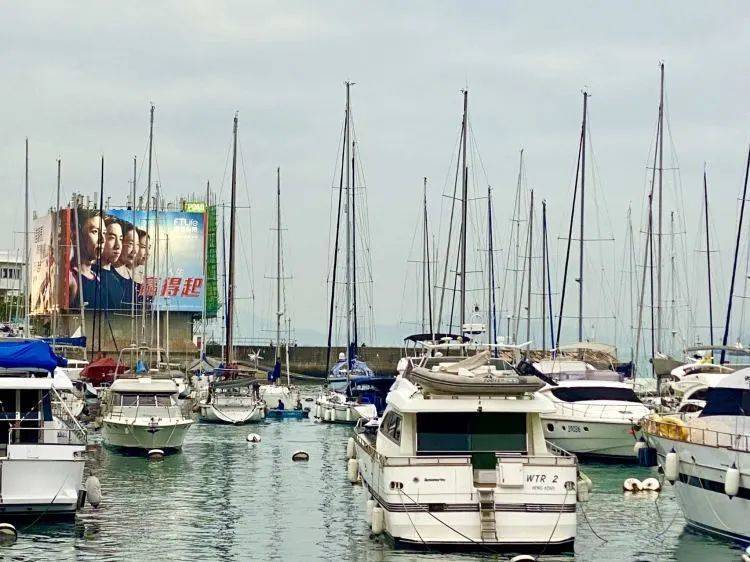 香港维多利亚港口，鳞次栉比的船只背后，一幅巨型保险广告上面写着三个字：赢得起/本文作者拍摄