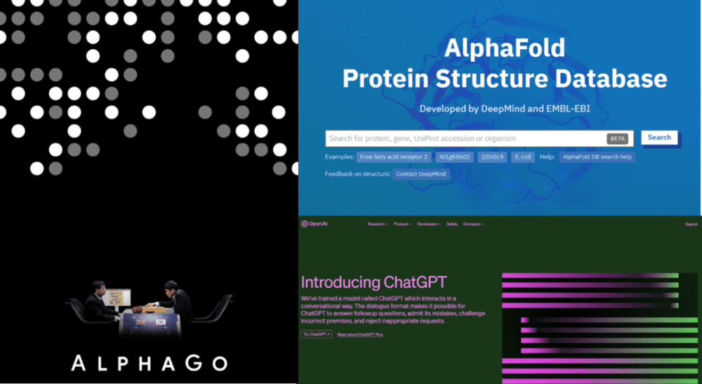 这几年最火的几个AI（左图为AlphaGO纪录片海报，右上图为AlphaFold预测完全部序列蛋白质结构的数据库，右下图是OpenAI官网对ChatGPT的介绍）<br>