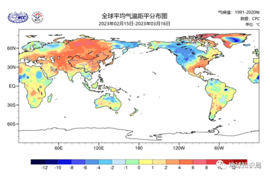 今年2月15日~3月16日全球平均气温距平图，为积雪和季节冻土快速消融和起沙奠定基础（图：国家气候中心）