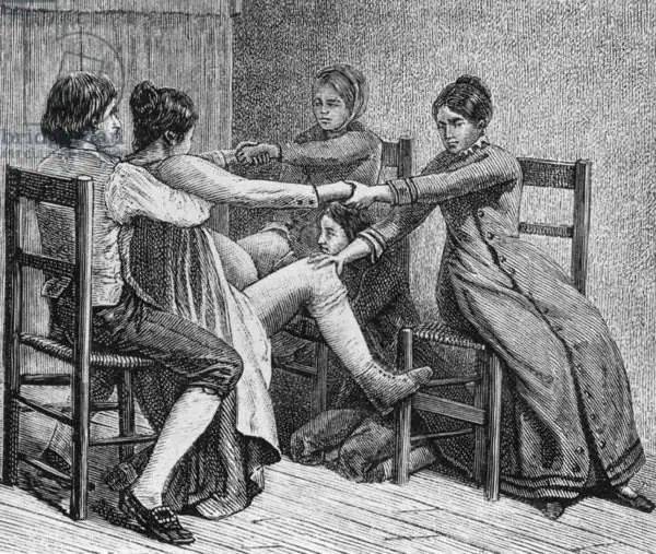 《先驱性的出生场景：两名女性和两名男性在分娩过程中协助》（Pioneer birth scene of two women and two men assist during childbirth of ca. 1800），由Gustave Joseph Witkowski绘制。图片来自ARTSTOR<br>