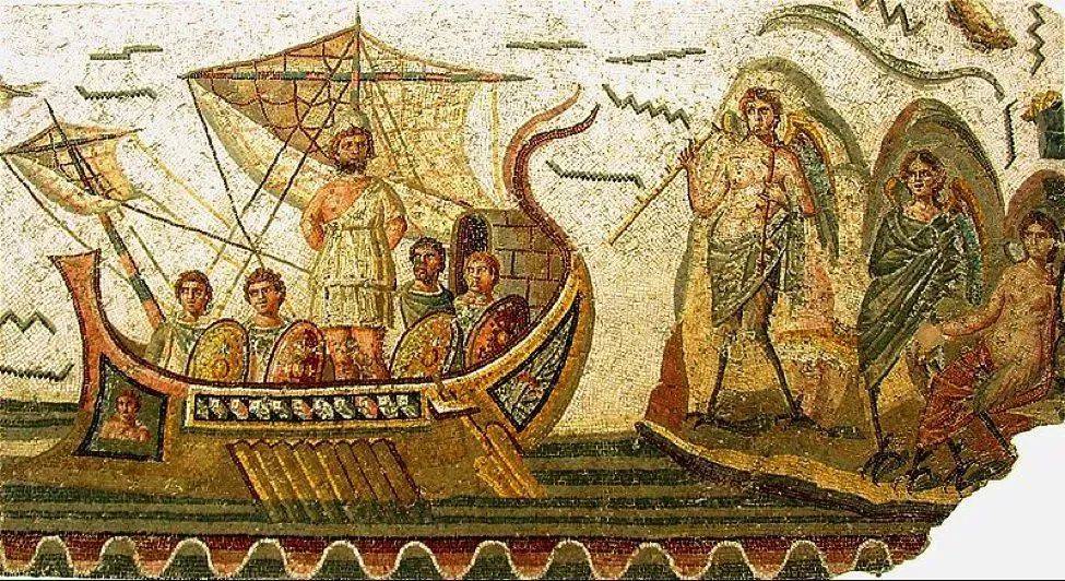 公元2世纪的马赛克描绘了古希腊荷马的史诗《奥德赛漂流记》。图/巴尔杜国家博物馆<br>