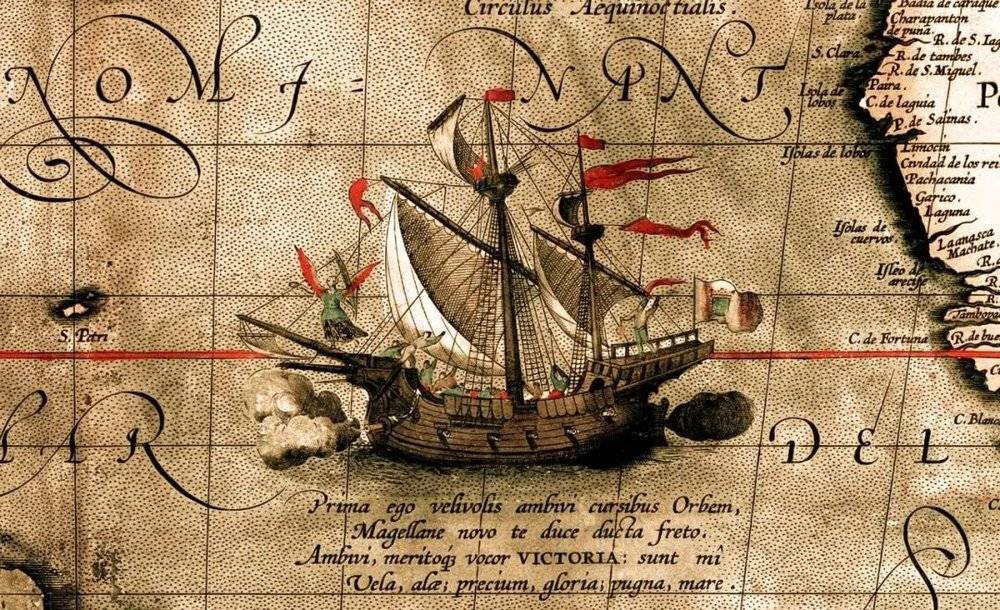 维多利亚号单船完成了首次环球航行。（《马里斯太平洋海图》局部，1589年）图／wiki<br>