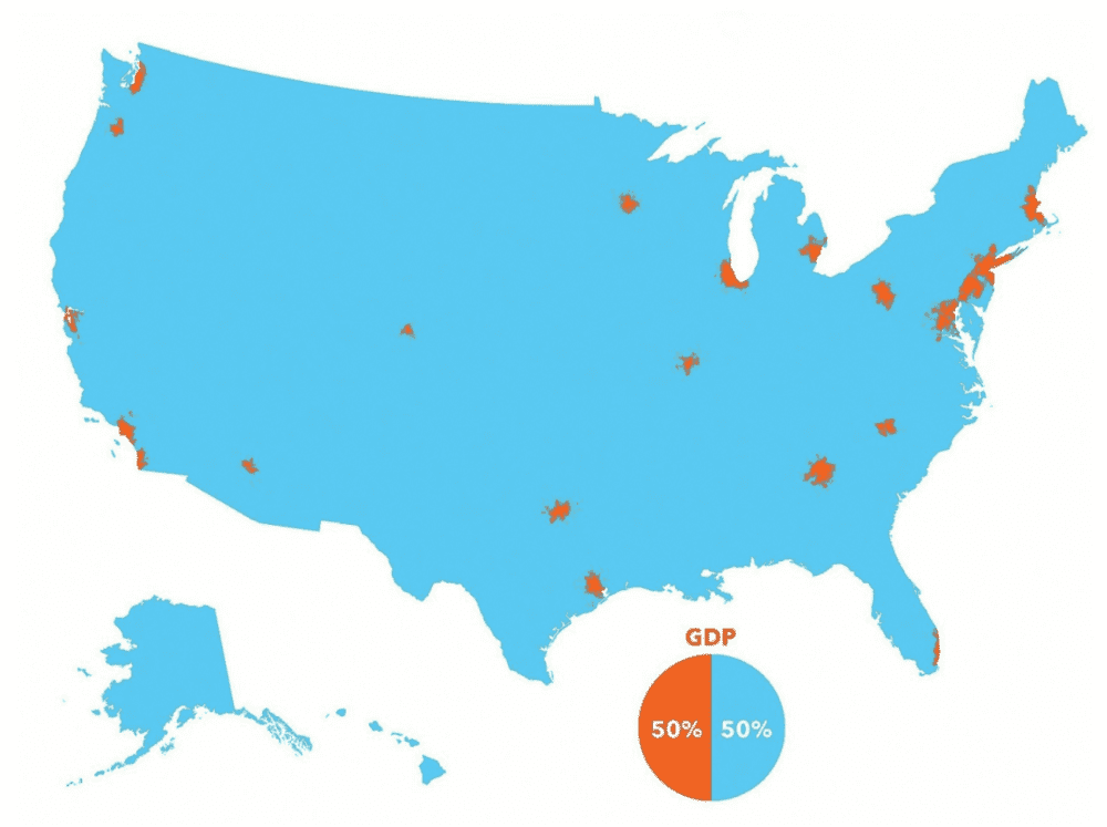 美国GDP分布，橙色区域占有美国经济半壁江山，但在人均GDP的意义上却实现了“平衡发展”。来源：《大国大城》，陆铭