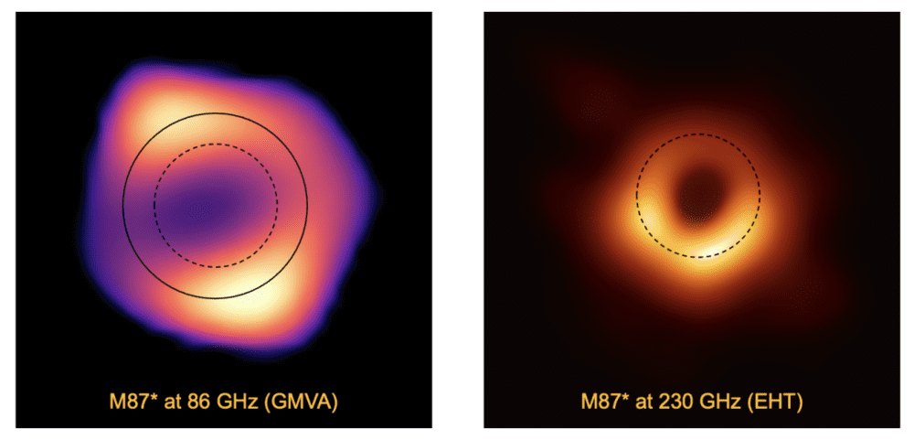 图5: M87*（即M87的射电核心）在3.5毫米和1.3毫米的实际观测图像。