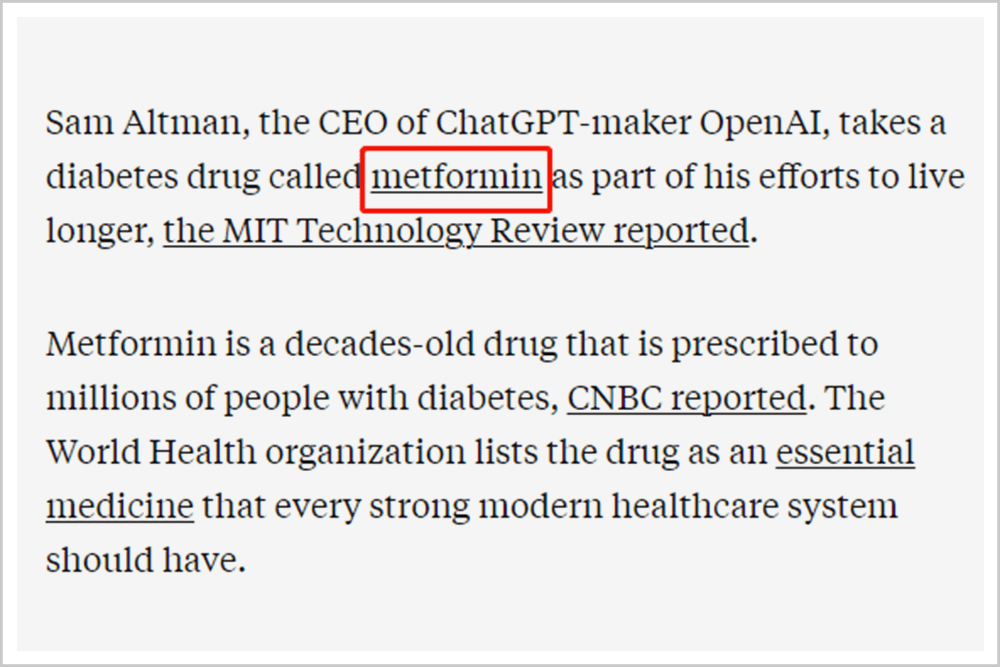 ▲2023年3月9日，《麻省理工科技评论》采访山姆·阿尔特曼时，他透露自己正在服用名叫二甲双胍（metformin）的糖尿病药物以延缓衰老<br>