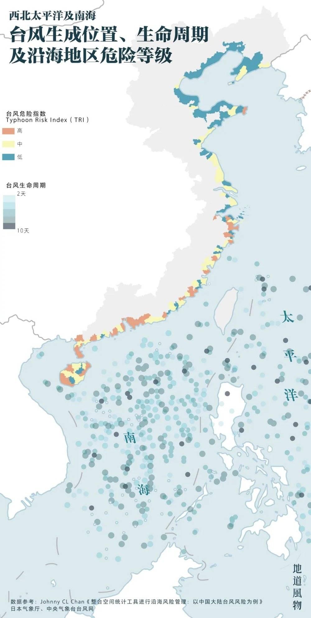 ▲ 台风生成位置、生命周期及沿海地区危险等级。地图上的灰色部分为受影响的地区，台湾省暂无详细数据。制图/Paprika