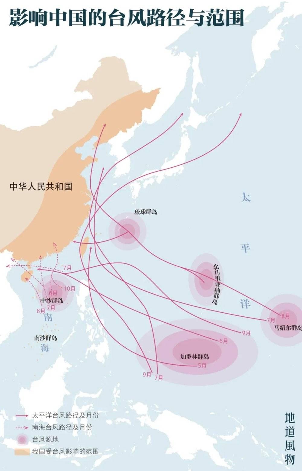 ▲ 影响中国的台风路径与范围。制图/王跃<br>