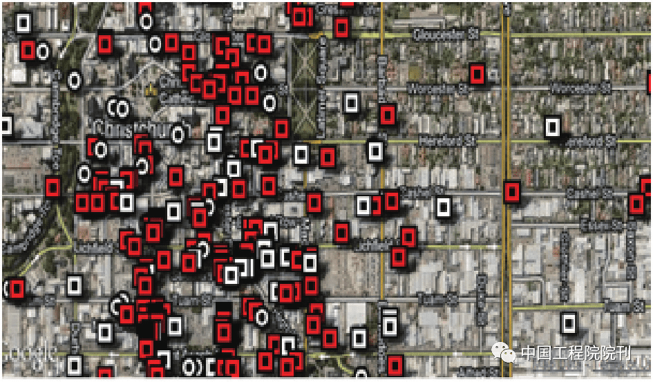 图13 2011年克赖斯特彻奇地震中受损的建筑物；白色和红色方块分别表示被修复和拆除的建筑物<br label=图片备注 class=text-img-note>